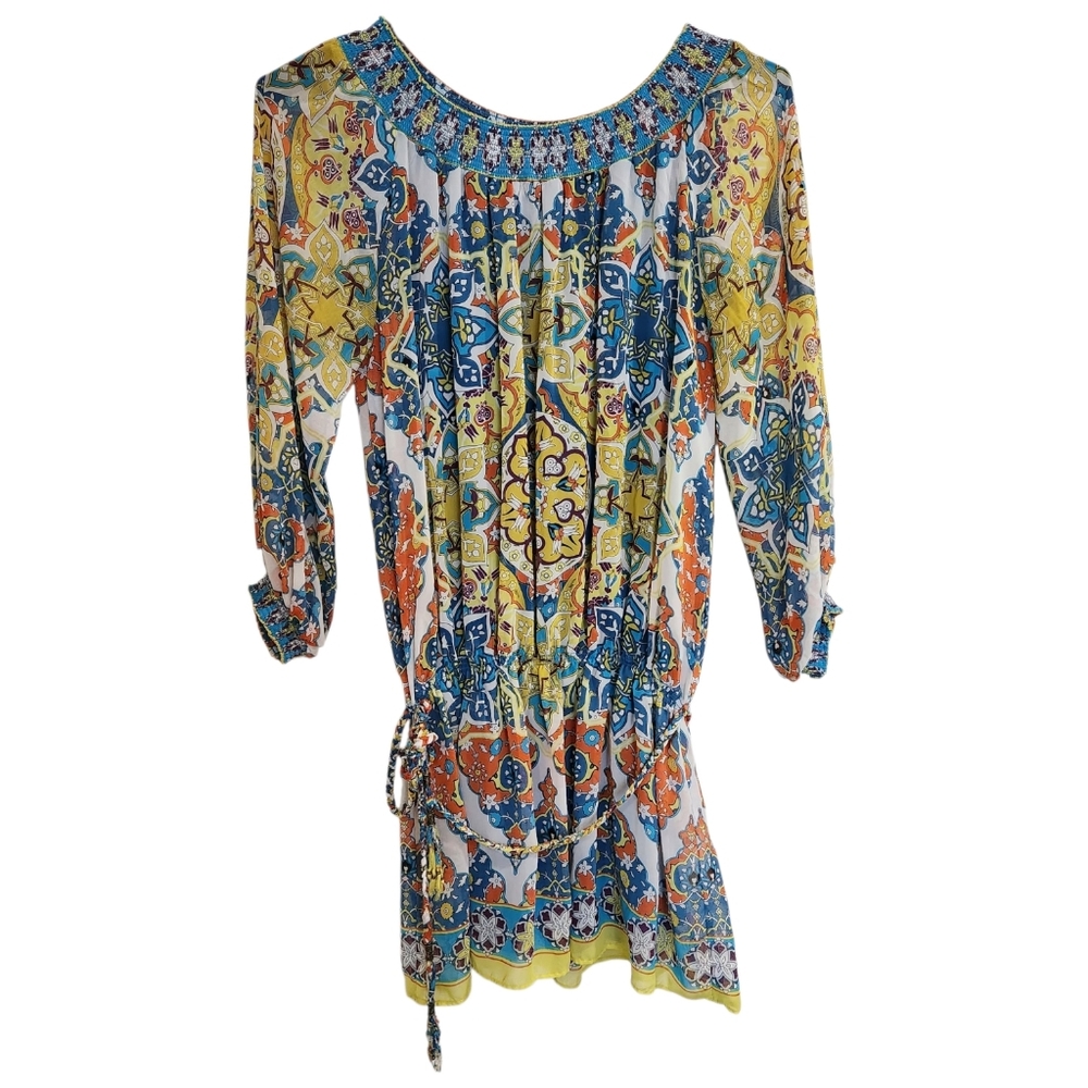 Nicole By Nicole Miller Women's Size XL Mini Dress Boho Print Drop Waist Sheer